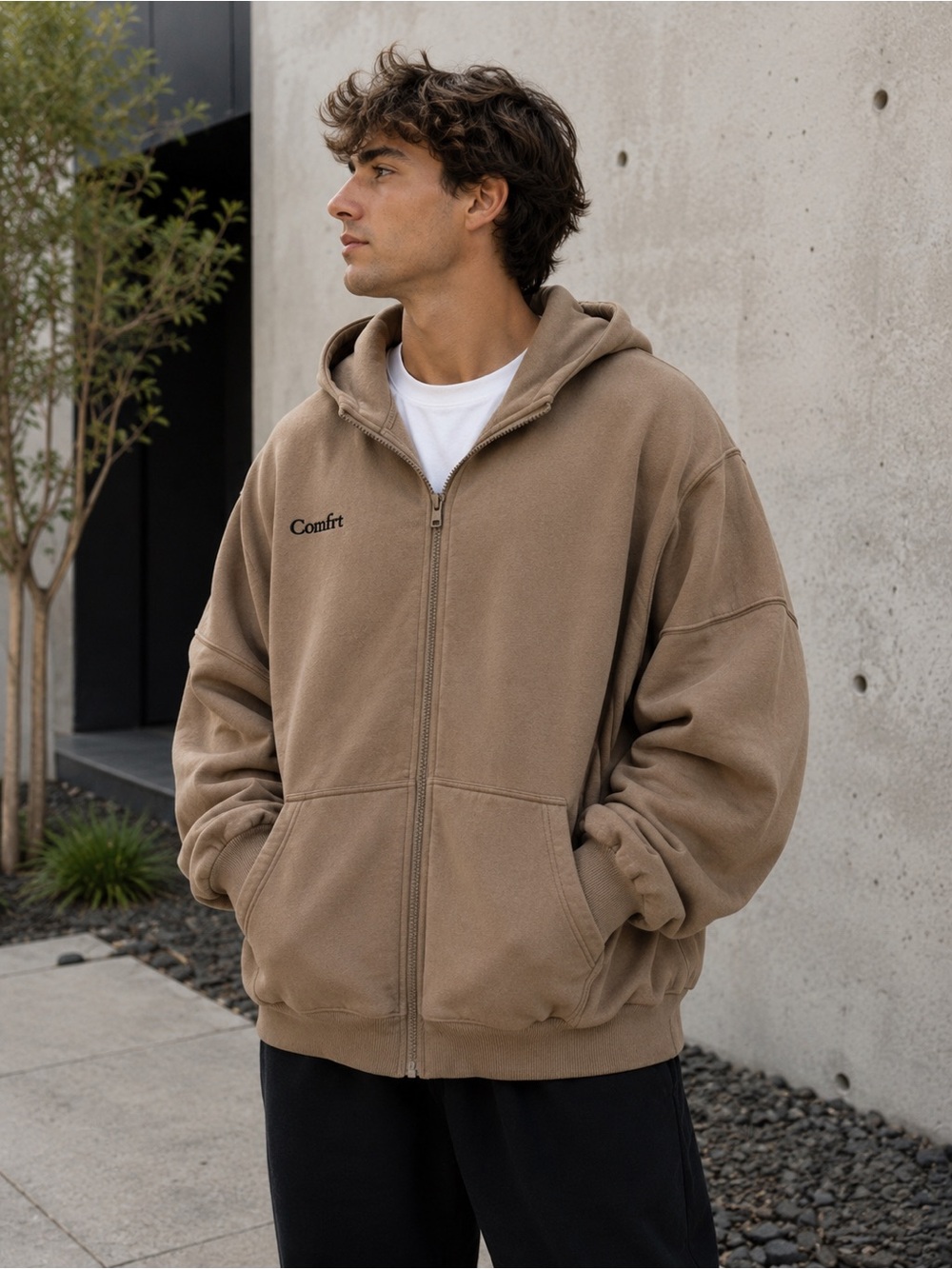 COMFRT Men's Zip-Up Hoodie Sweater in Taupe